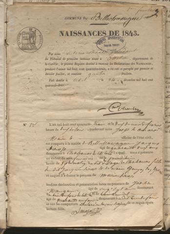 Naissances, mariages, décès (1843-1852)