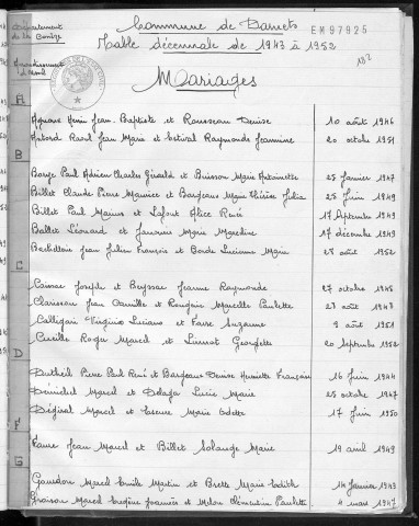 Tables décennales des mariages (1943-1952)