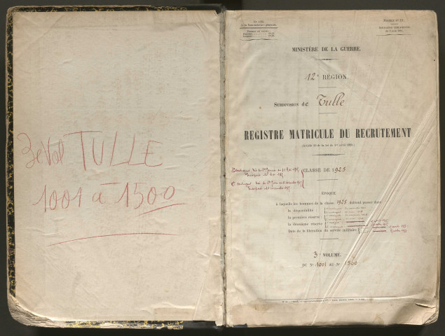 Classe 1925 : matricules 1001 à 1500.