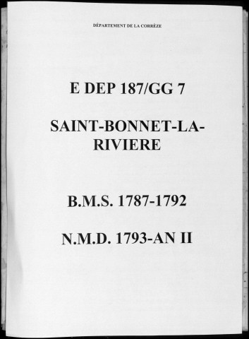Baptêmes, mariages, sépultures puis naissances, mariages, décès (1787-1794)