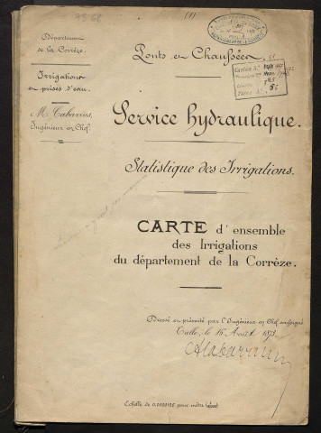 Instructions et correspondances, états statistiques des rivières non navigables ni flottables et des irrigations et usines, tableaux périodiques de l'activité du service hydraulique, cartes des irrigations du département.