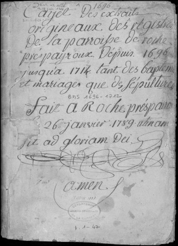 Baptêmes, mariages, sépultures (1696-1751)