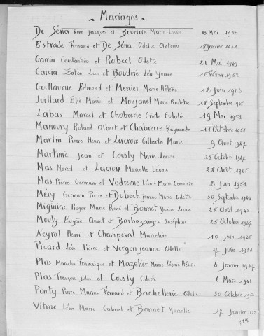 Tables décennales des mariages (1943-1952)