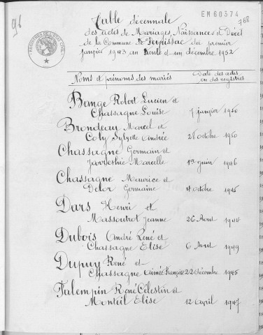 Tables décennales des mariages (1943-1952)