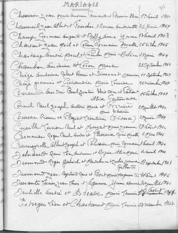 Tables décennales des mariages (1943-1952)