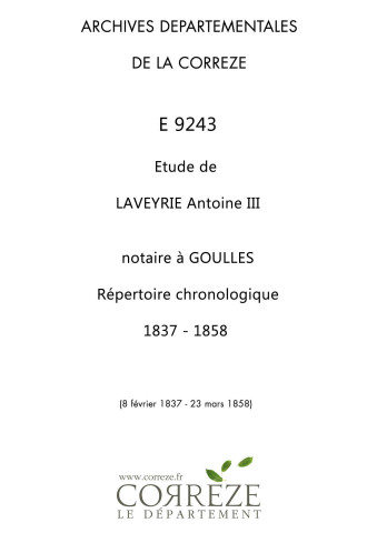 Répertoire chronologique : 8 février 1837-23 mars 1858
