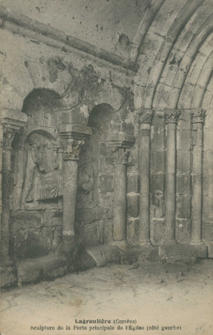 Lagraulière : "Lagraulière (Corrèze) Sculpture de la porte principale de l'église (côté gauche)".