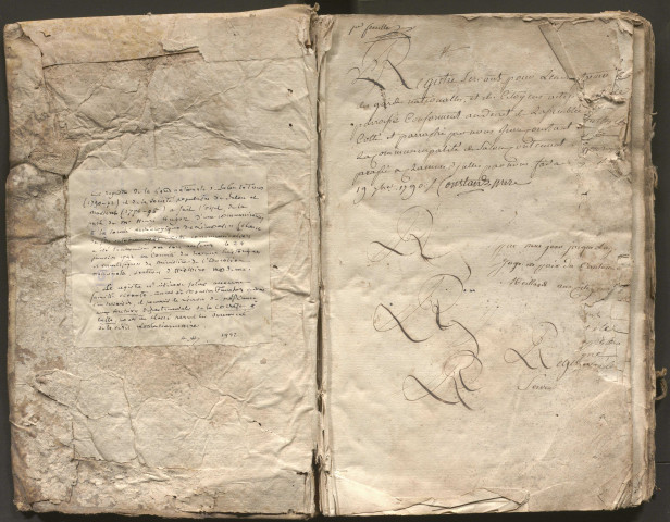 Registre servant à l'enregistrement des gardes nationales et des citoyens actifs (20 juin 1790-06 août 1792). Registre de la garde nationale (25 nivôse An II-20 ventôse An III), à l'envers du registre.