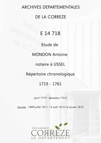 Répertoire chronologique : avril 1719-décembre 1761
