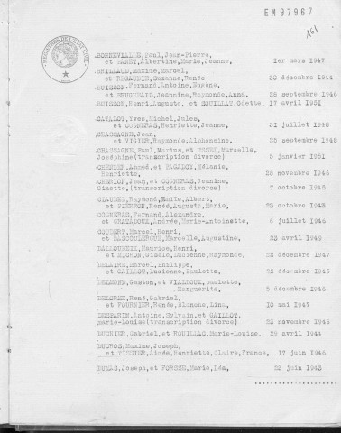 Tables décennales des mariages (1943-1952)