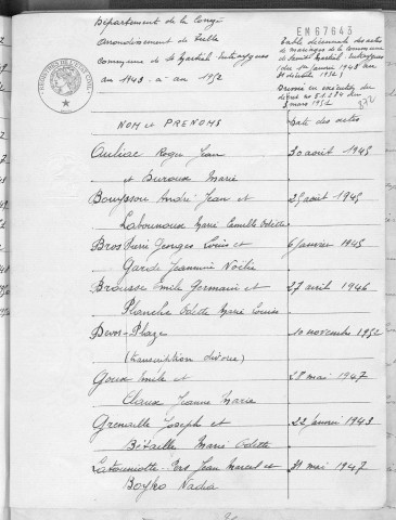 Tables décennales des mariages (1943-1952)