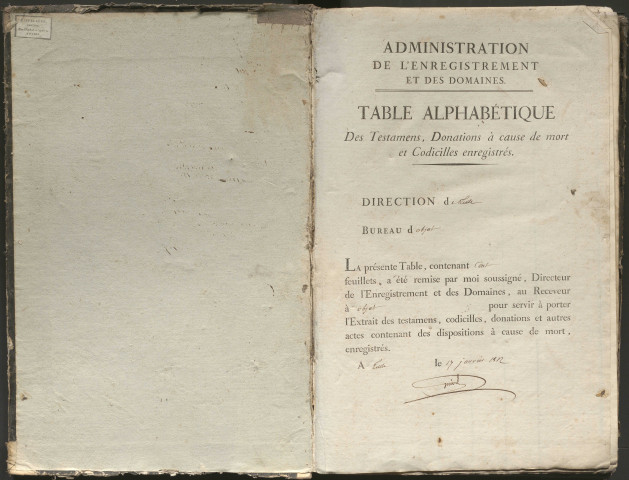 Table alphabétique des testaments, donations à cause de mort et codicilles enregistrés.