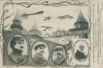 Varetz : "Les fêtes d'aviation de Castel-Novel-Varetz - 3, 4 et 5 août 1912 - Au profit des aéroplanes militaires - 1. Mr Védrines - 2. Mr Chambenois - 3. Mr Didier - 4. Mr Garros - Nos rois de l'air, planant au-dessus du château de Castel-Novel".