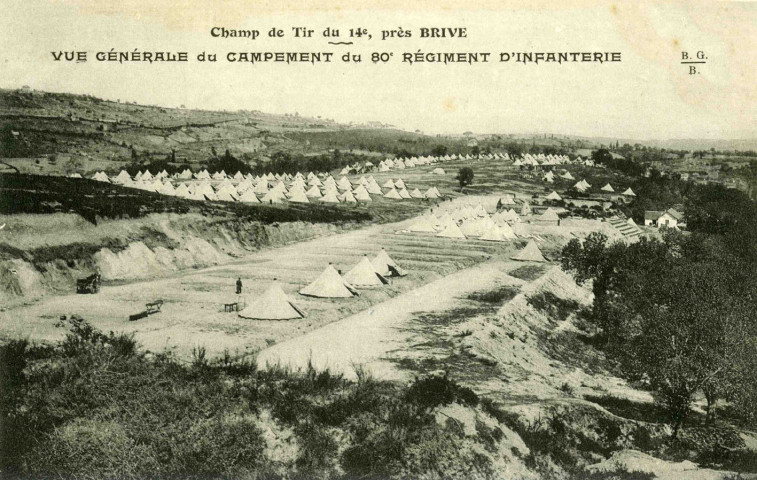 "Champ de tir du 14e, près Brive. Vue panoramique du campement du 80e régiment d'infanterie".