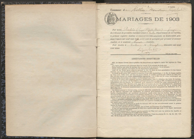 Mariages (1903-1921).
