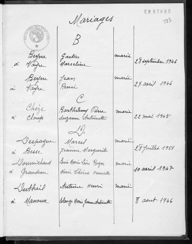 Tables décennales des mariages (1943-1952)