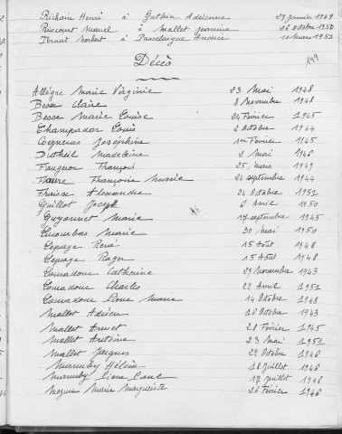 Tables décennales des naissances (1943-1952)