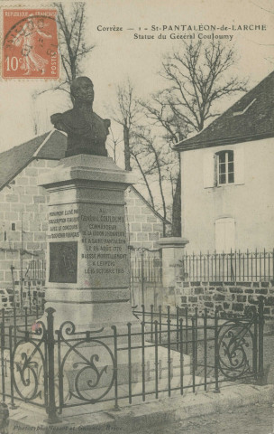 Saint-Pantaléon-de-Larche : "Corrèze - 1 - St-Pantaléon-de-Larche - Statue du Général Couloumy". (sic)