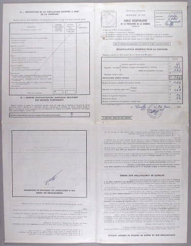 Feuille récapitulative de la population de la commune. 1954