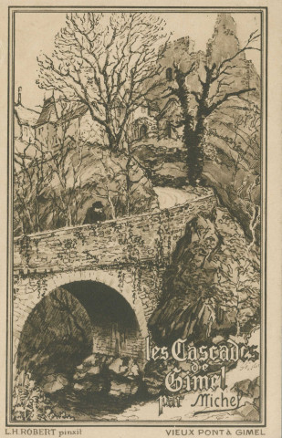 Gimel : "Les cascades de Gimel par Michel - Vieux pont à Gimel", dessin de couverture d'un album de cartes postales.
