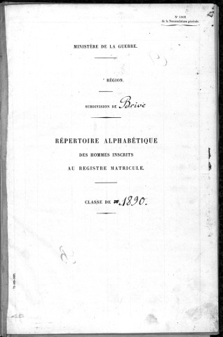 Classe 1890 : table alphabétique.