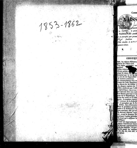 Naissances, mariages, décès (1853-1862)