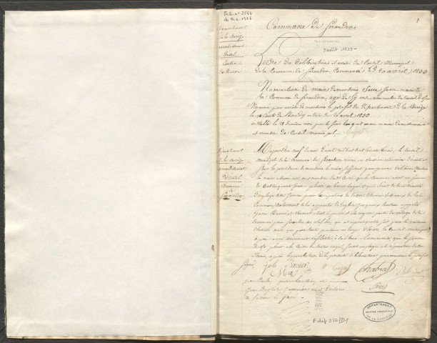 Délibérations du conseil municipal (9 août 1833-7 septembre 1837). Garde nationale (1848-1850). Enregistrement des passeports pour l'intérieur (1877-1889). Enregistrement des plaintes et réclamations (1847-1853). Correspondance (1834-1880).