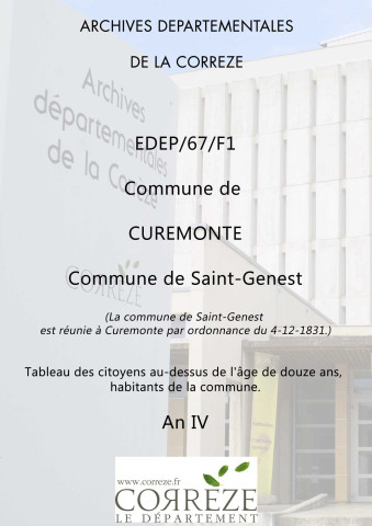 Population Saint-Genest : tableau des citoyens au-dessus de l'âge de 12 ans. An IV