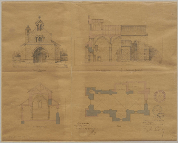 Maison d'école. Eglise. Cimetière : concessions. Monument aux morts, 1921-192. Place publique.
