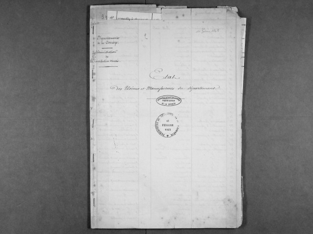 Instructions, circulaires, encouragements à l'industrie, demande de rétablissement d'usine (1810-1933) ; état des usines et des manufactures du département (1865) ; nombre des ouvriers travaillant dans les principales industries du département (1926) ; situation des tanneries (1812-1816).