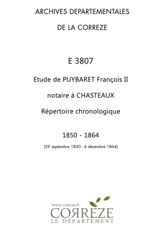 Répertoire chronologique : 29 septembre 1850-6 décembre 1864