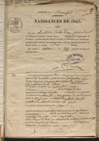 Naissances, mariages, décès (1843-1852)