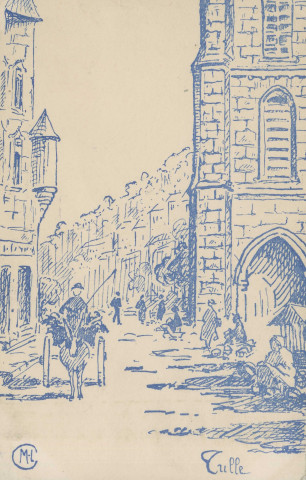 Tulle : "Tulle". Cathédrale et place Gambetta, dessin.
