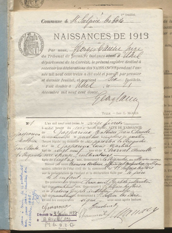 Naissances, mariages, décès (1913-1922).