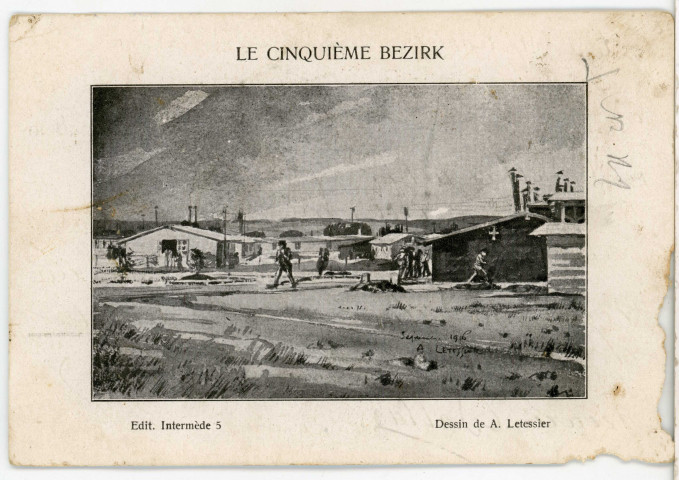 "Le cinquième Bezirk" : carte postale de prisonnier avec illustration, envoyée par Gabriel à son épouse.