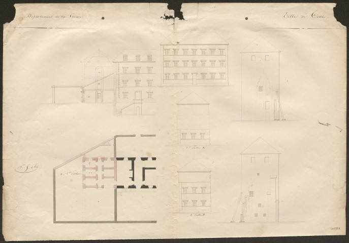 Travaux : décomptes des travaux, correspondance, états de situation des travaux, devis, rapports, croquis sommaires des travaux par Lanck (1840), plans d'ensemble et de détails indiquant l'état des lieux et les nouvelles dispositions des bâtiments, cahier de croquis reliés, par Lanck (1847), ensemble de plans (1854).