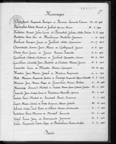 Tables décennales des naissances (1943-1952)