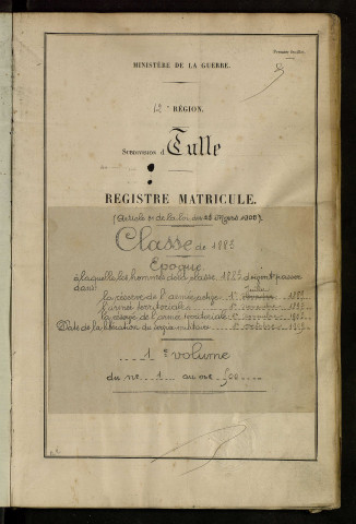 Classe 1883 : matricules 1 à 500.