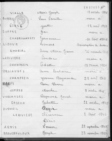 Tables décennales des naissances (1943-1952)