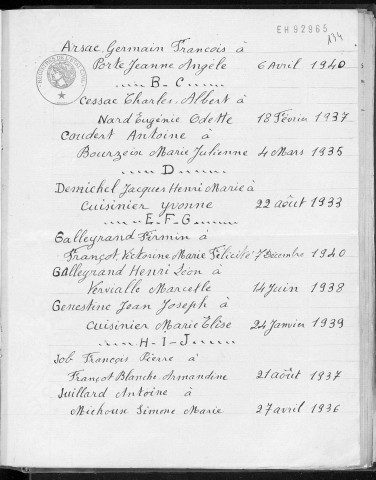 Tables décennales des mariages (1933-1942)