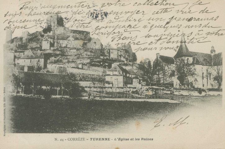 Turenne : "N.44 - Corrèze - Turenne - L'église et les ruines".