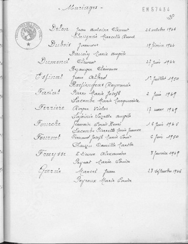Tables décennales des mariages (1943-1952)