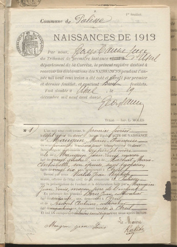 Naissances, mariages, décès (1913-1922).