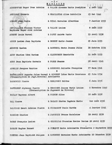 Tables décennales des mariages (1933-1942)