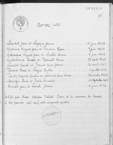Tables décennales des mariages (Laurent à Tricoit). 1943-1952