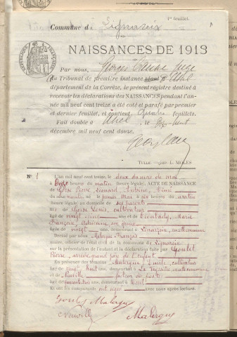Naissances, mariages, décès (1913-1922).