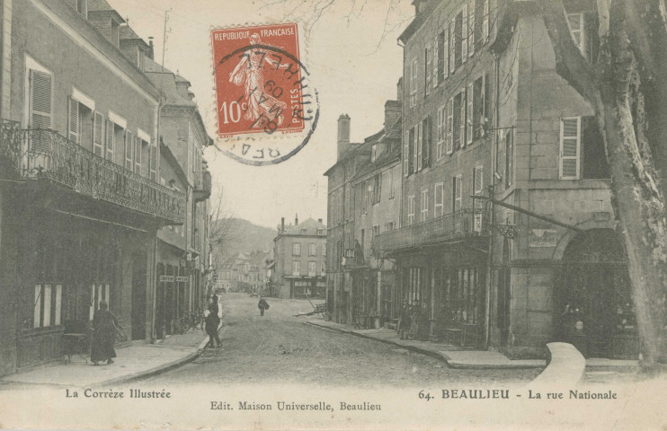 Beaulieu-sur-Dordogne : "La Corrèze illustrée - 64. Beaulieu - La rue nationale".