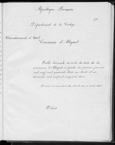 Tables décennales des mariages (1943-1952)