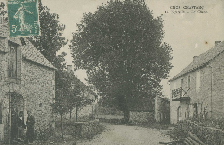 Gros-Chastang : "Gros-Chastang - La Bitarelle - Le chêne". Sur la porte de la grange de gauche figure une affiche pour les élections législatives [1910].