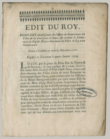 Édits, ordonnances, déclarations et lettre patente du Roi, arrêts du Parlement, arrêt du Conseil d'État, ordonnance de l'Intendance de Limoges, tarif pour la fournitures des étapes.